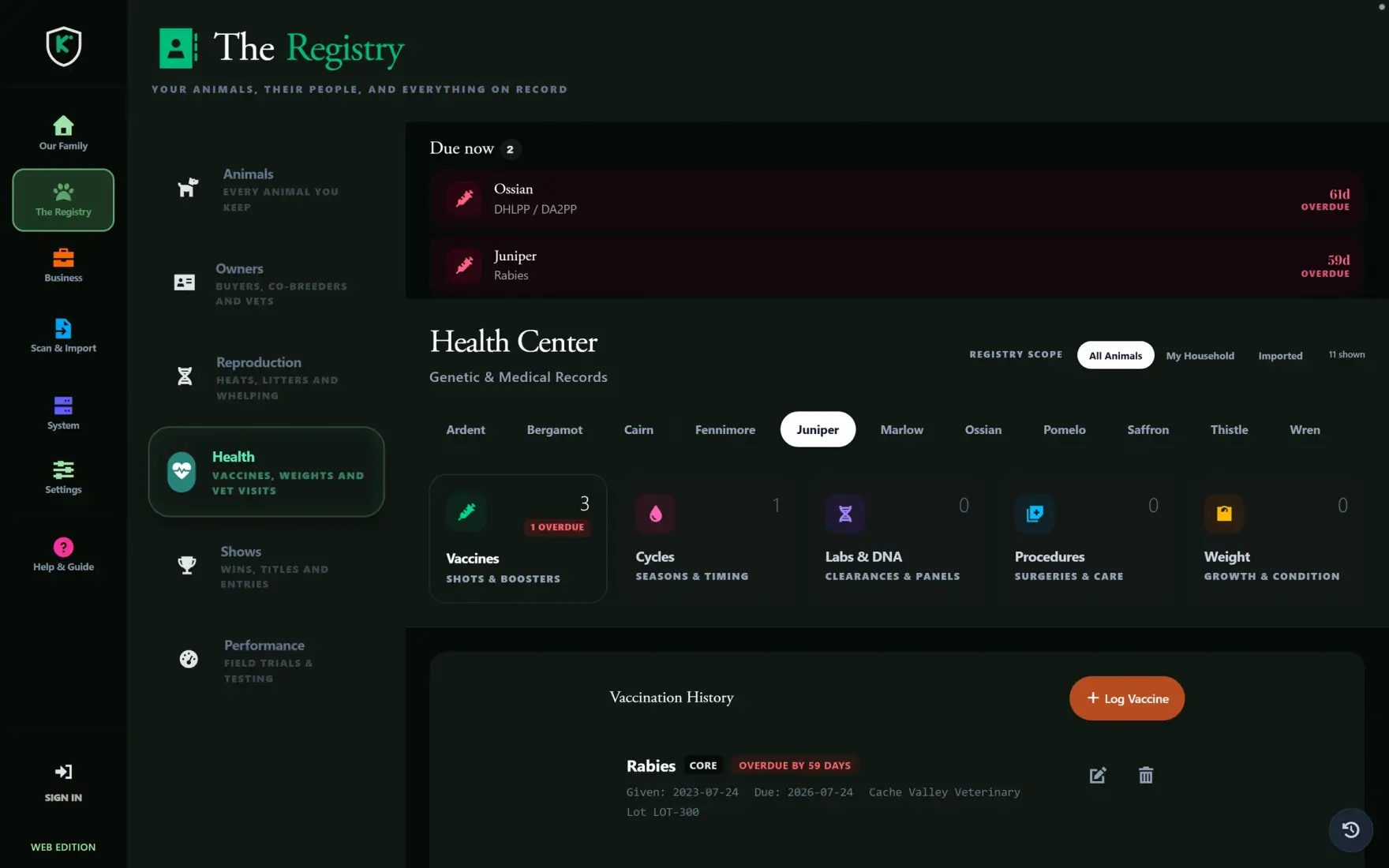 The health center for one animal, with tabs for vaccines, cycles, labs and DNA, procedures and weight, and a vaccination history listing a rabies shot with its lot number.