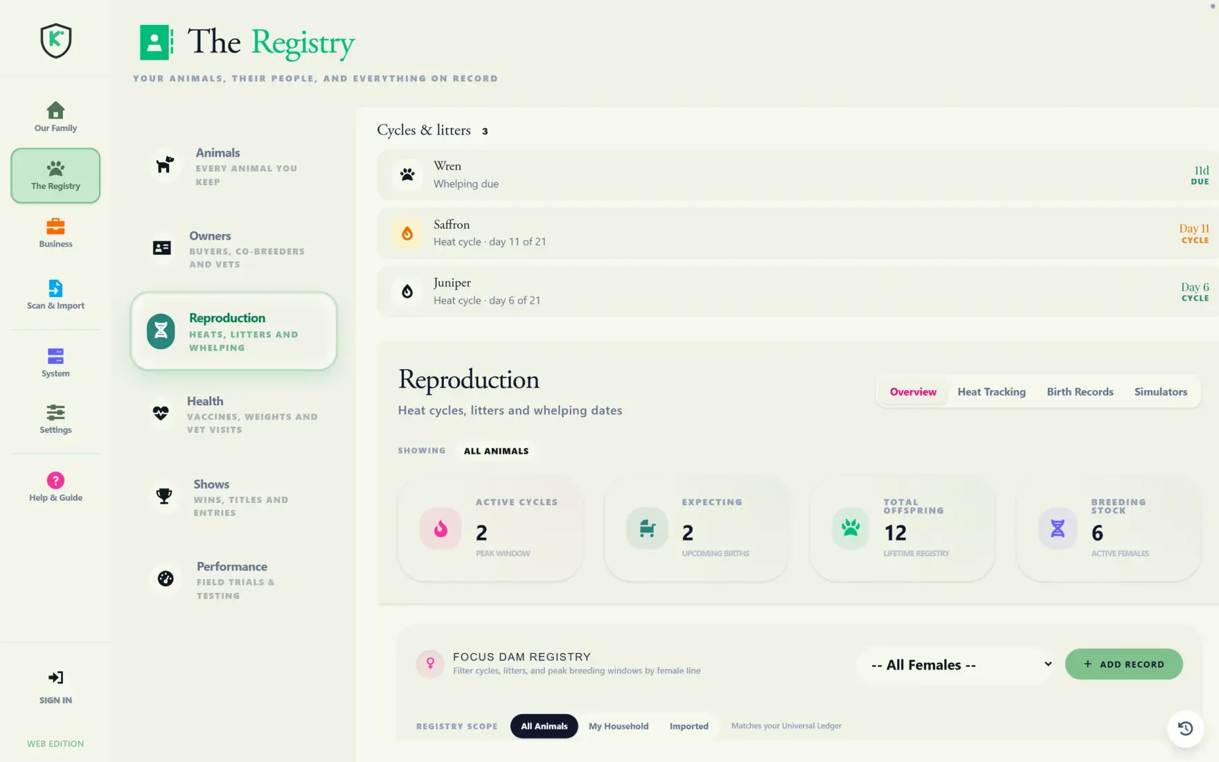 The reproduction screen showing three cycles and litters in progress and summary counts for active cycles, expecting dams, total offspring and breeding stock.